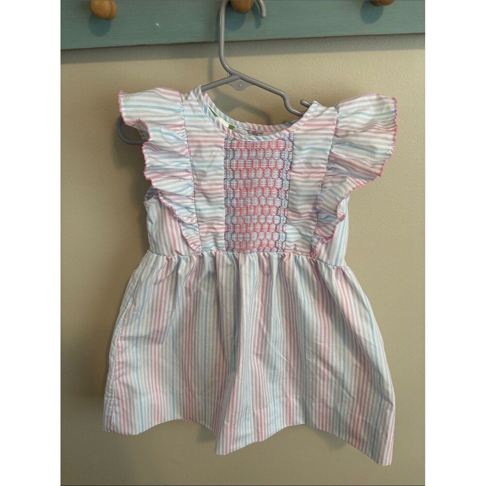 Classic Whimsy size 4 Striped Smocked Flutter-Sleeve Dress - Pastel Pink & Blue